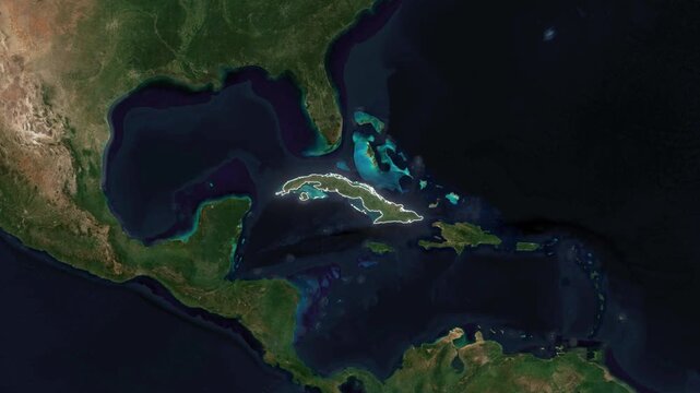 World Map to Country Zoom Animation with Glowing Border Outline Cuba