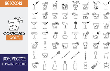 Cocktail icons set with 56 black and white line art illustrations of various drinks, glasses, bottles, and bar tools for mixology and beverage design