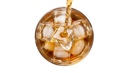 Whiskey Being Poured into a Glass with Ice Cubes