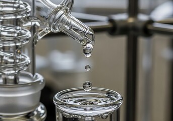 Clear liquid dripping from glass laboratory equipment into a beaker in a science lab setting with metal rack