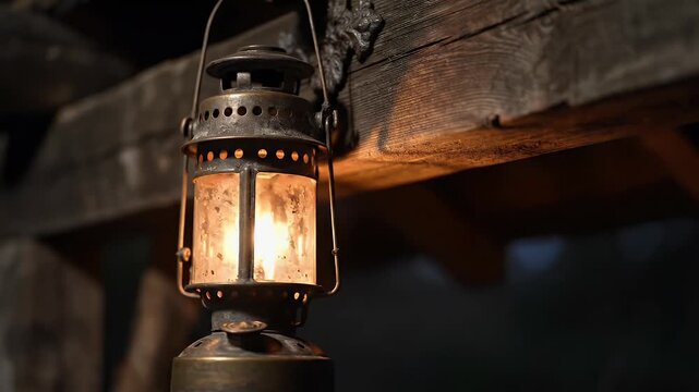 An old kerosene lantern hangs from a wooden beam, casting a warm glow