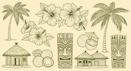 Hand-drawn tropical elements set with palm trees, hibiscus flowers, tiki masks, and huts. © Tomo
