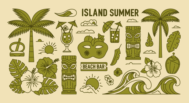 Island Summer Tropical Elements Collection with Palm Trees and Tiki Masks.