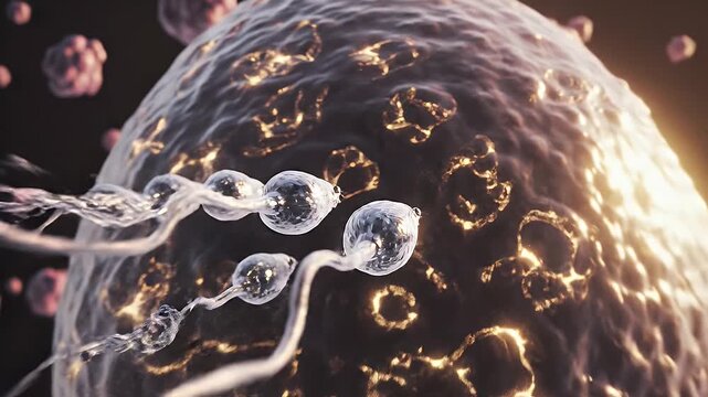 Microscopic View of Sperm Cells Approaching Egg Cell Representing Fertilization and Reproduction Concept