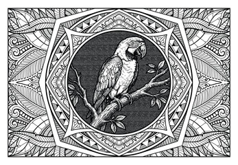 mandala design for coloring page, parrot bird illustration, sticker print, cnc carving. © ikomangagus