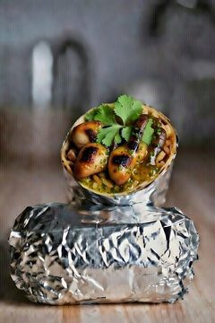 Grilled chicken and vegetable burrito wrap with fresh lettuce on slate plate in modern kitchen