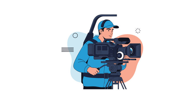 Professional videographer in a blue uniform operating a large cinema camera on a tripod for a film production.