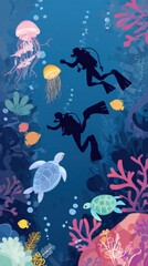 Obraz premium Scuba Divers Explore Coral Reef with Sea Turtles