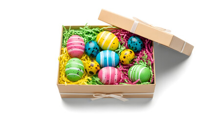 Easter Gift Box Filled with Colorful Eggs and Paper Shreds, isolated on white background