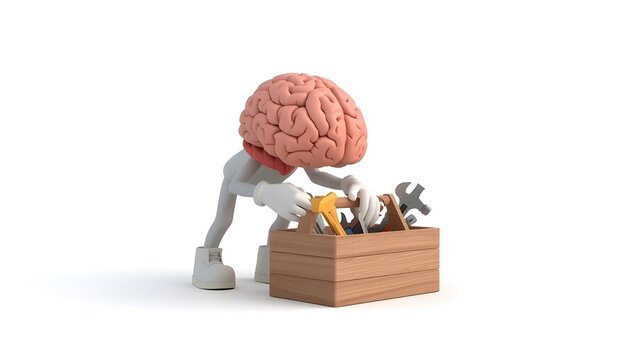 A creative robot with a brain head reaching into a wooden toolbox filled with various tools on a white background.