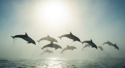 Obraz premium Dolphins leap from ocean, sun rays piercing misty atmosphere