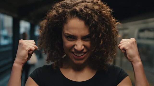 Aggressive Woman with Clenched Fists and Angry Expression.