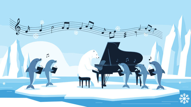 Majestic polar bear playing grand piano on an iceberg while group of dolphins sing along with musical notes in arctic scenery.