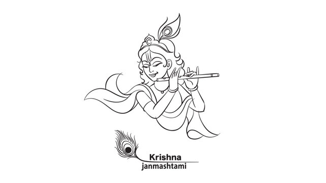 Krishna Janmashtami line art illustration of Lord Krishna playing flute with peacock feather, minimalist festival design featuring India, Indian culture, Hinduism with deity and god elements for