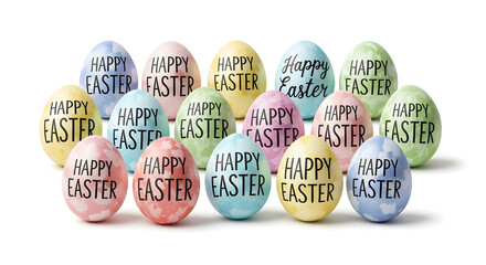 Easter Eggs with Hand Lettered Happy Easter Text, isolated on white background