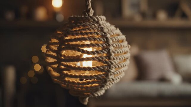 Close-up of a spherical light fixture made of braided rope, glowing warmly