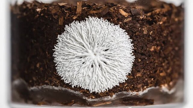 Mesmerizing Time-lapse of White Slime Mold Growing on Organic Substrate, Illustrating Complex Biological Network Expansion