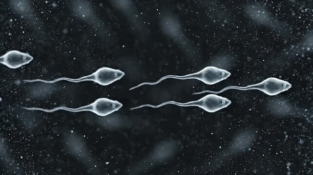 Microscopic View of Sperm Cells Swimming Through Dark Fluid With Tiny Bubbles Realistic Animation Medical Science Concept