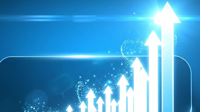 Glowing blue upward arrows on digital graph showing business growth