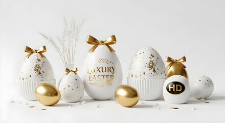 Minimal Luxury Easter Decor in White and Gold Theme, isolated on white background