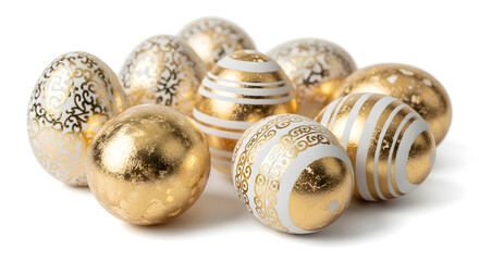: Golden Easter Egg with Floral Engravings and Soft Shadows, isolated on white background