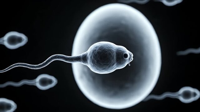 Microscopic view of sperm cells swimming towards an ovum representing fertilization and conception in a biological science context