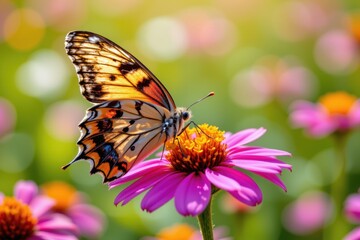Obraz premium Delicate butterfly rests on vibrant pink flower, wings patterned in orange and black, framed by soft bokeh of blossoms and foliage.