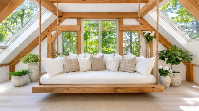 Attic rustic lounge, centered large hanging daybed with many pillows, exposed timber roof beams, sunlight streaming through skylights, view