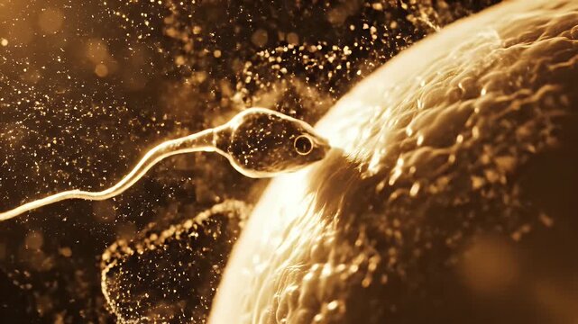 Microscopic View Of Sperm Fertilizing Egg Cell In Golden Light With Bokeh Effect Macro Shot Of Reproduction Biology And Science Concept