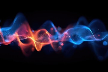 Fototapeta premium Digital waves undulate, merging shades of blue and orange, against a black background