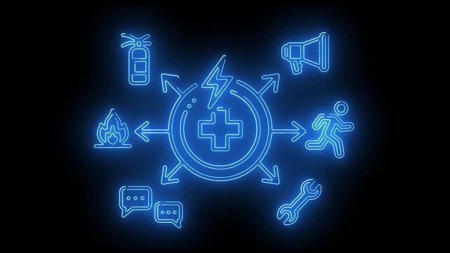 Neon blue medical icons arranged around a glowing cross on a black background with arrows indicating various healthcare-related services.