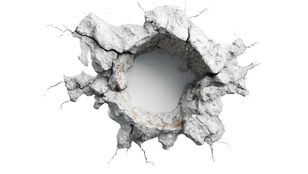 Close-up of a damaged, broken surface with a centered hole and crumbling texture