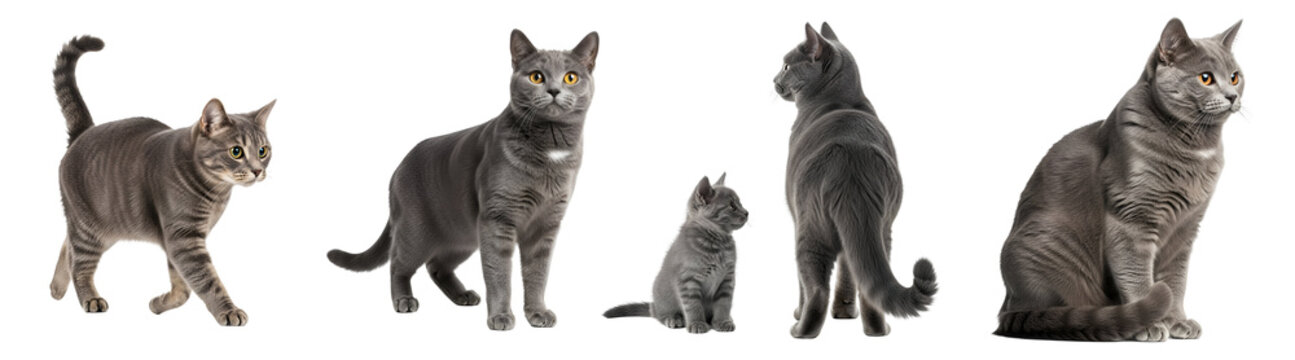 Five gray tabby cats in different poses on transparent background