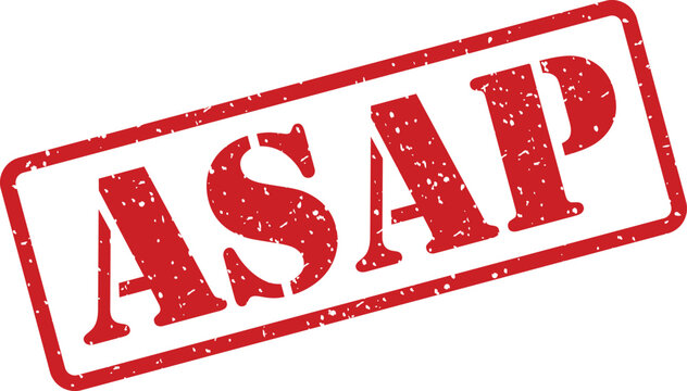 A striking red rubber stamp mark displays the urgent acronym ASAP with a grunge texture on a clean white surface