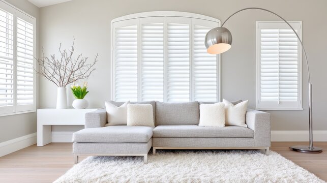Cozy lounge area, centered textured grey sofa. Windows fitted with white plantation shutters. Minimalist console table with a single branch