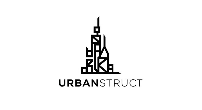 Urbanstruct logo with cityscape design.