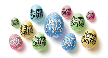 Easter Eggs with Hand Lettered Happy Easter Text, isolated on white background