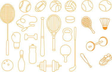 Collection of various outlined sports equipment and athletic gear icons representing numerous physical activities and fitness pursuits.