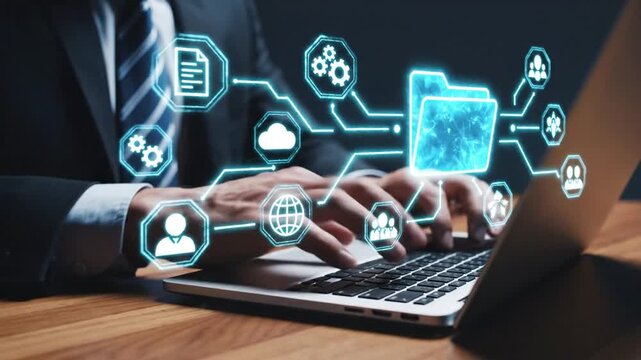 A person typing on a laptop with digital icons and file folders floating above the keyboard in a modern office environment