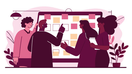 Diverse team brainstorming with colorful sticky notes on a large whiteboard during a productive office meeting.