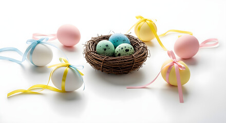  Rustic Easter Nest with Hand Painted Eggs, isolated on white background