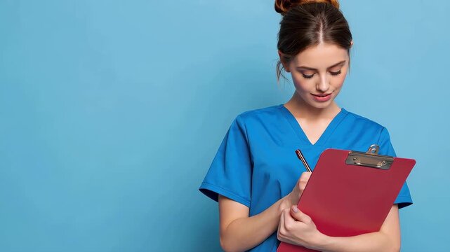 Cheerful woman in scrubs holds a clipboard while standing against a blue background in a bright and inviting medical or healthcare setting during daytime