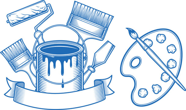 Blue painting tools and artist palette with paintbrushes rollers and bucket in vintage line canvas