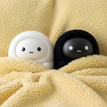 Two Baymax figurines in white and black under soft yellow blanket in warm cozy lighting for toy advertisement