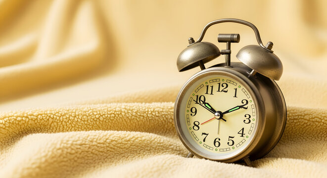 Vintage Alarm Clock in Soft Focus with Warm Golden Lighting on Plush Yellow Blanket for Relaxation