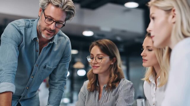 Businessman discusses strategy with female colleagues in a modern office during a team meeting focused on project planning and collaborative ideas