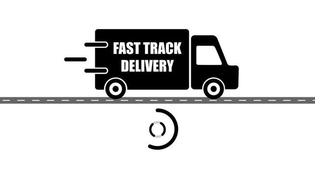 Truck icon with FAST TRACK DELIVERY text animation.Pickup truck,delivery truck and courier service icon online shopping logistics concept animation on white background.