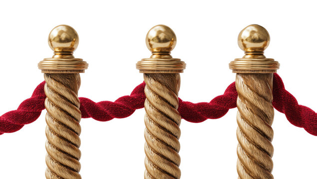 Three elegant, gold-topped stanchions with twisted shafts, held together by a rich red rope
