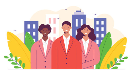 Diverse group of three smiling professionals in pink suits standing confidently in front of a cityscape.