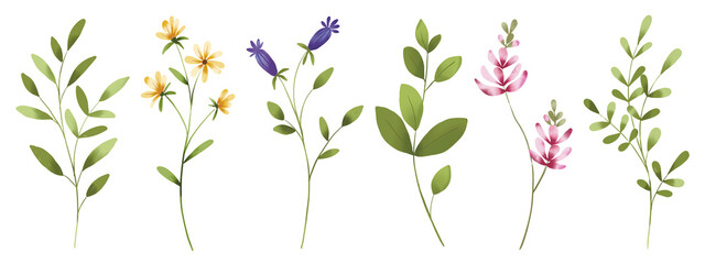 Flowers and leaves digital illustration, spring design, hand painting. Perfectly for printing, sublimation.	